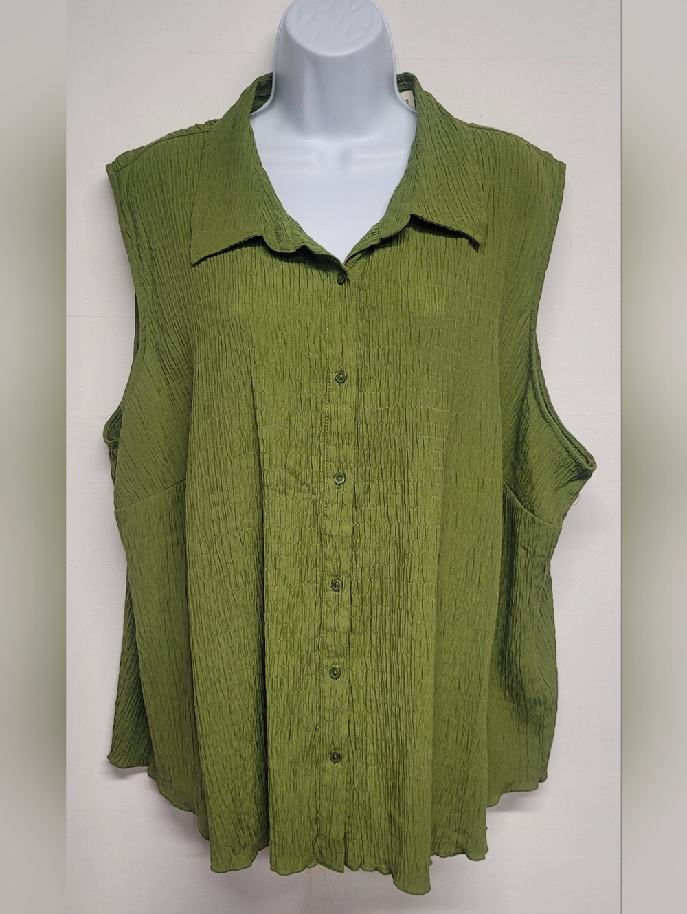 Croft & Barrow 3X Top Button Down Ruched Collared Sleeveless Green